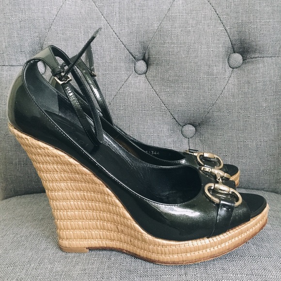 GUCCI BLACK ANKLE STRAP WEDGES - Picture 5 of 6